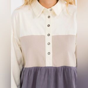 035 • Colorblock Long Sleeve Button up Tiered Cream Dusty Pink Wisteria Blouse